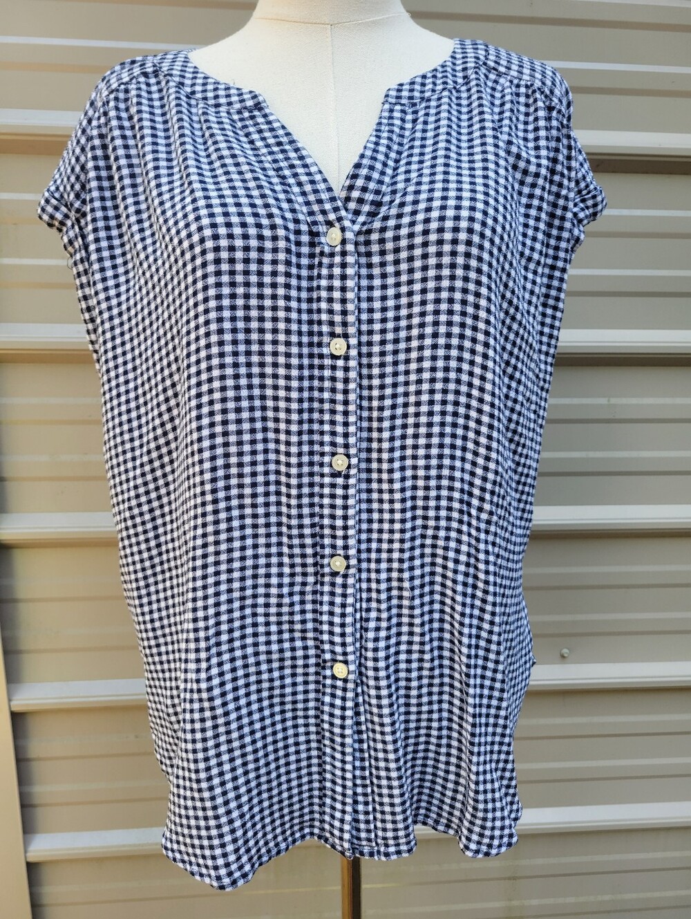 Loft Navy and White Gingham Button-Front Blouse